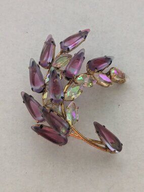 Vintage Floral Purple Navette AB Rhinestone Gold Tone Brooch Pin